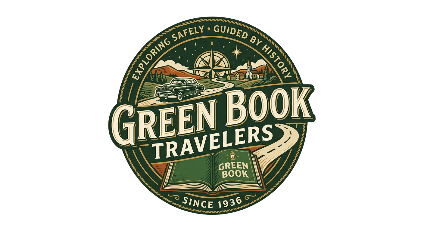 Green Book Travelers logo: a vintage car on a winding road with an open Green Book and compass rose